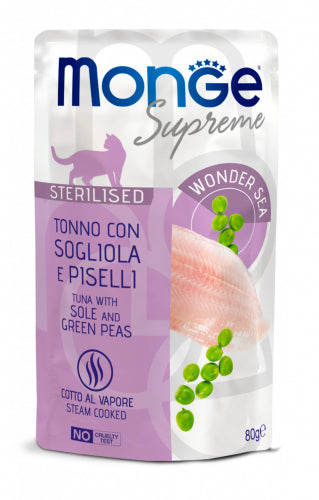 Monge Gatto Supreme Sterilised Tonno con Sogliola e Piselli 80g Busta Monge Gatto Supreme Sterilised Tonno con Sogliola e Piselli 80g Busta